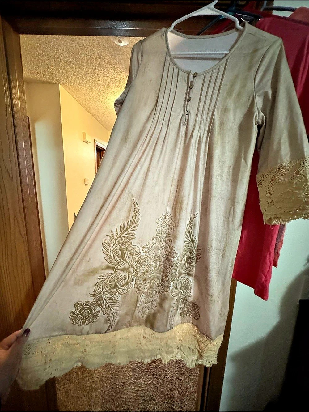 Embroidered Lace Hem dress/ Tunic in Beige